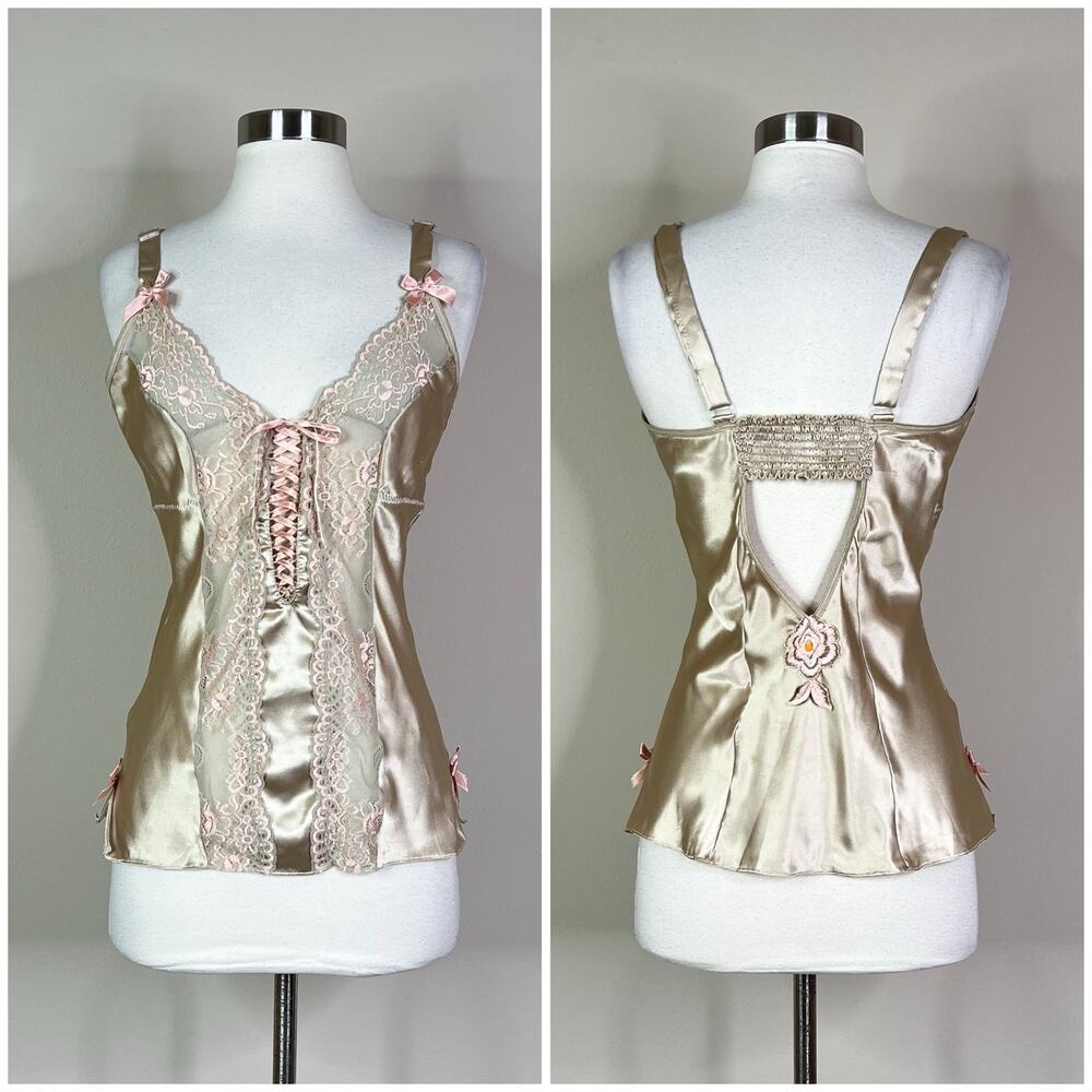 Vintage | Fruit De La Passion Y2K Satin Lace Mesh Lace Up Bow Lingerie Top XS